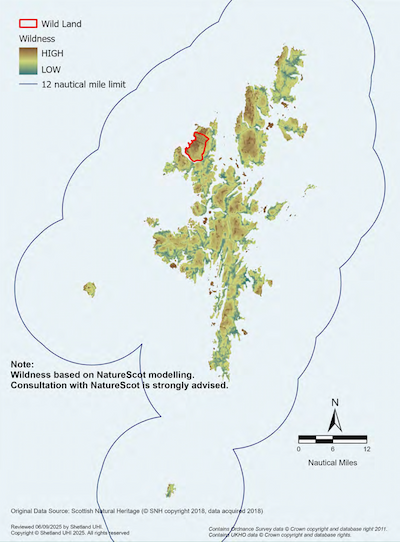 A map of the Shetland Islands showing modelled relative wildness within the Shetland Islands Marine Region. Levels of wildness from low to high are shown for all of Shetland. The Wild Land area at Ronas Hill is also shown.
