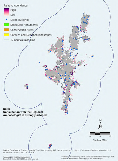 A map of the Shetland Islands showing coastal archaeology locations within the Shetland Islands Marine Region. The map shows the locations of: scheduled monuments, listed buildings, conservation areas and gardens and designed landscapes. The relative abundance of coastal archaeology is also shown as a scale from high to low. Note: Consultation with the Regional Archaeologist is strongly advised.