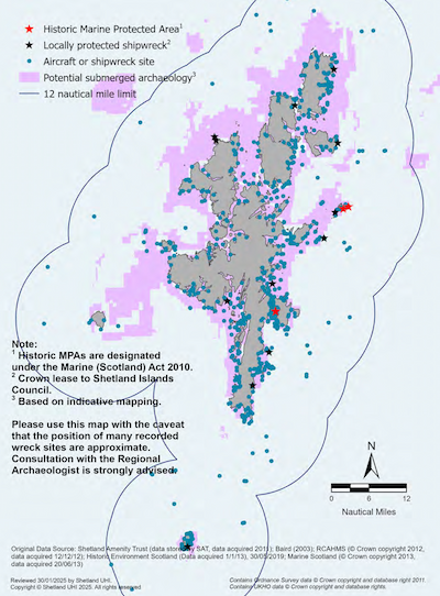 A map of the Shetland Islands showing submerged archaeology locations within the Shetland Islands Marine Region. The map shows the locations of Historic Marine Protected Areas, two in Out Skerries and one off the Knab in Bressay Sound; Locally protected shipwrecks; aircraft or shipwreck sites and potential submerged archaeology. Note: Locally protected shipwrecks have been leased from Crown Estate Scotland to Shetland Islands Council. Potential submerged archaeology is based on indicative mapping. Also note that the position of many recorded wreck sites are approximate. Consultation with the Regional Archaeologist is strongly advised.
