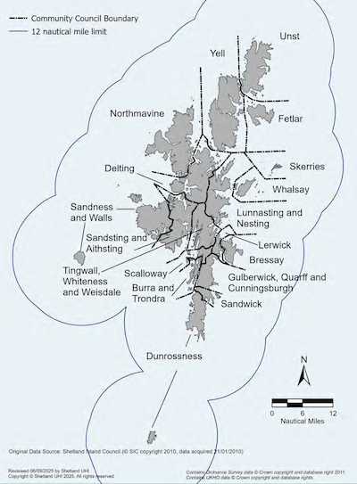 A map of the Shetland Islands showing Community Council boundaries within the Shetland Islands Marine Region. The map shows the Community Council Areas of: Unst; Yell; Fetlar; Northmavine; Delting; Lunnasting and Nesting; Whalsay; Skerries; Tingwall, Whiteness and Weisdale; Sandsting and Aithsting; Sandness and Walls; Scalloway; Lerwick; Bressay; Gulberwick, Quarff and Cunningsburgh; Burra and Trondra; Sandwick; and Dunrossness.