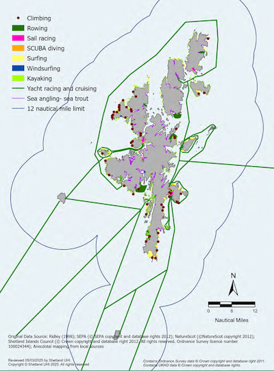 A map of the Shetland Islands showing formal or club based recreational use in the Shetland Islands Marine Region. The map shows areas that are utilised for: rowing, sail racing, SCUBA diving, surfing, windsurfing, kayaking, climbing, yacht racing and cruising, and sea angling for sea trout.