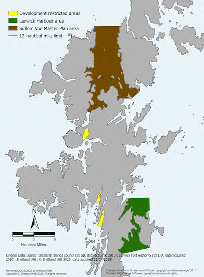 A map of the Shetland Islands showing marine development restricted areas in the Shetland Islands Marine Region. The map shows the Sullom Voe Master Plan Area that covers Sullom Voe and Yell Sound from the Point of Fethaland to the south of the Isle of Samphrey; the Lerwick Harbour Area that covers an area from Bard Head on Bressay to the East Voe of Quarff in the south to the north point at the mouth of Dales Voe and directly across to a point at the north of Score Head at the north point of Bressay. Development restricted areas are located in Whiteness Voe, the northern section of Weisdale Voe and Busta Voe. 