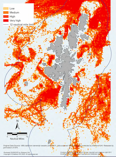 A map of the Shetland Islands showing relative demersal fishing effort in the Shetland Islands Marine Region. Demersal fishing effort is shown as a scale from low, medium, high to very high. 