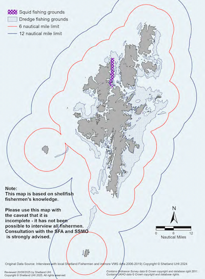 A map of the Shetland Islands showing important inshore dredging areas in the Shetland Islands Marine Region. Locations of squid fishing grounds and dredge fishing grounds are shown. Note: This map is based on shellfish fishermen’s knowledge. Also note that the map is incomplete as it has not been possible to interview all fishermen. Consultation with the Shetland Fishermen’s Association and the Shetland Shellfish Management Organisation is strongly advised. 