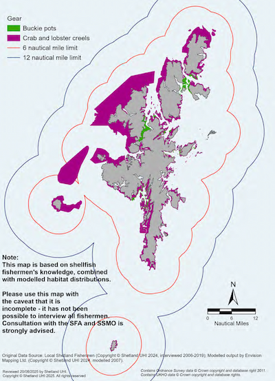 A map of the Shetland Islands showing important creel and potting areas in the Shetland Islands Marine Region. Locations of crab and lobster fishing areas and buckie pot fishing areas are shown. Note: this map is based on shellfish fishermen’s knowledge, combined with modelled habitat distributions. Also note that the map is incomplete as it has not been possible to interview all fishermen. Consultation with the Shetland Fishermen’s Association and the Shetland Shellfish Management Organisation is strongly advised. 