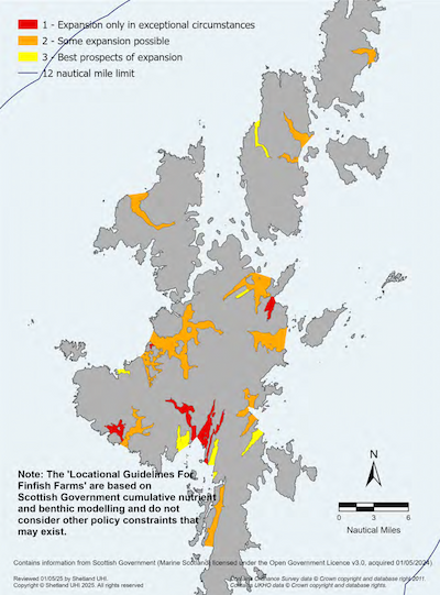 A map of the Shetland Islands showing Locational Guidelines areas in the Shetland Islands Marine Region. Locational Guidelines areas are categorised as 1- Expansion only in exceptional circumstances; 2- Some expansion possible; and 3- best prospects of expansion. Note: the Locational Guidelines for Finfish Farms are based on Scottish Government cumulative nutrient and benthic modelling and do not consider other policy constraints that may exist.