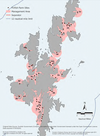 A map of the Shetland Islands showing disease management areas in the Shetland Islands Marine Region. Disease management areas along with the location of finfish aquaculture sites are shown. 