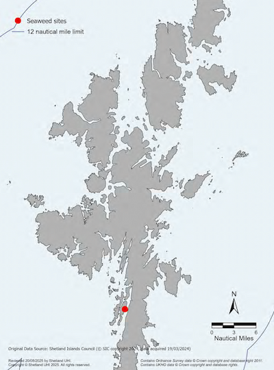 A map of the Shetland Islands showing seaweed cultivation sites in the Shetland Islands Marine Region. There is one seaweed aquaculture site shown in Clift Sound.