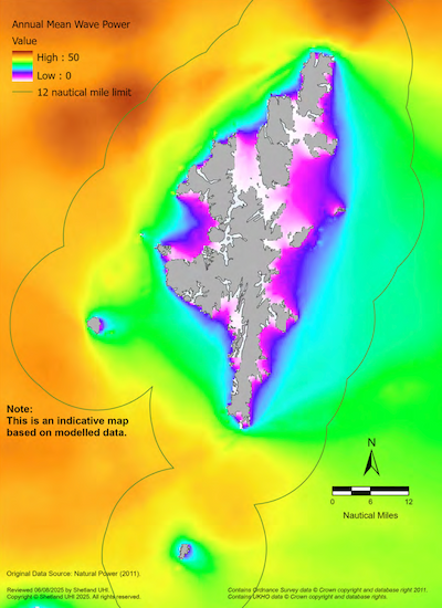 A map of the Shetland Islands showing wave resource within the Shetland Islands Marine Region. The map depicts the annual mean wave power from a scale of 0- low to 50- high. Note: This is an indicative map based on modelled data. 