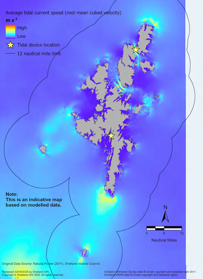 A map of the Shetland Islands showing tidal resource within the Shetland Islands Marine Region. The map depicts the average tidal current speed (root mean cubed velocity) on a scale from High to Low. The location of tidal devices are also shown. Note: This is an indicative map based on modelled data. 