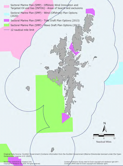 A map of the Shetland Islands showing Sectoral Marine Plan Offshore wind, and Draft Sectoral Marine Plan wave and tidal plan options within the Shetland Islands Marine Region. The map shows: Sectoral Marine Plan for Offshore Wind Innovation and Targeted Oil and Gas- Areas of search and exclusions; Sectoral Marine Plan for Wind (Offshore) Plan Options (2020); Sectoral Marine Plan- Tidal Draft Plan Options (2013); and Sectoral Marine Plan- Wave Draft Plan Options (2013). 