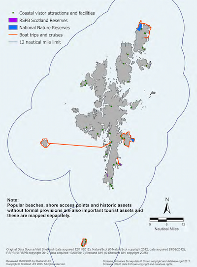 A map of the Shetland Islands showing formal marine and coastal tourism provision within the Shetland Marine Region. The map shows the location of RSPB Scotland Reserves at Mousa, Loch of Spiggie, Fetlar and Sumburgh Head; National Nature Reserves at Hermaness on Unst and the Isle of Noss; and locations of boat trips around Bressay and Noss, Mousa, Hamnavoe to Foula and Baltasound around the north of Unst and Muckle Flugga. Coastal visitor attractions and facilities are also shown. 