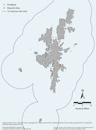 A map of the Shetland Islands showing dredge and dredge deposit sites within the Shetland Marine Region. Dredging sites are within the Scalloway and Lerwick Harbour Areas, and deposit sites are located near the isle of Papa, Foula, north point of Bressay, sites between the islands of Samphrey and Bigga in the south of Yell Sound and a site in Bluemull Sound. 