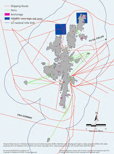 A map of the Shetland Islands showing the main shipping and ferry routes within the Shetland Islands Marine Region, and the two Marine Environmental High-Risk Areas to the north of mainland Shetland and Unst. The locations of anchorages are also shown.