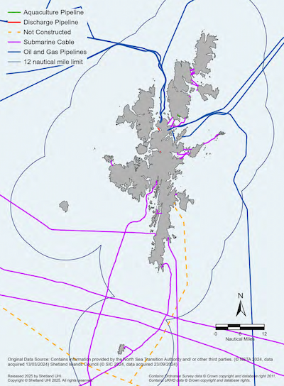 A map of the Shetland Islands showing the main cable and pipeline locations within the Shetland Islands Marine Region, including aquaculture and discharge pipelines, submarine cables and oil and gas pipelines.