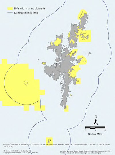 A map of the Shetland Islands showing areas designated as Special Protection Areas with marine elements within the Shetland Islands Marine Region. Most nearshore Special Protection Areas are to the east of Shetland, with a large area around the island of Foula to the west and around the island of Fair Isle to the south.