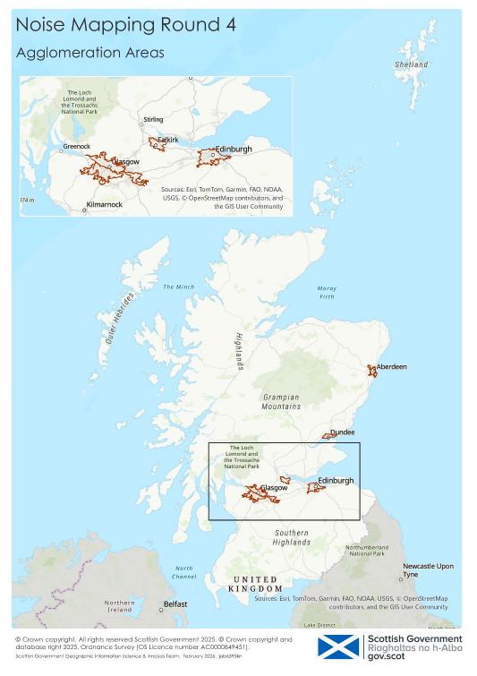 A map of Scotland highlighting the five agglomerations in Scotland that meet the 2006 Regulations: Aberdeen, Dundee, Edinburgh, Falkirk, and Glasgow.