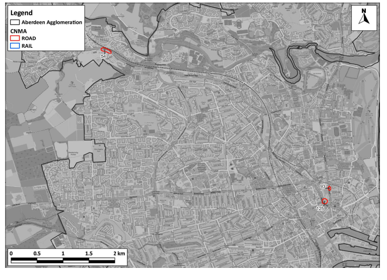 A map of Aberdeen agglomeration, containing three road candidate Noise Management Areas