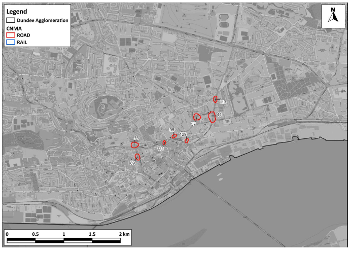 A map of Dundee agglomeration, containing eight road candidate Noise Management Areas