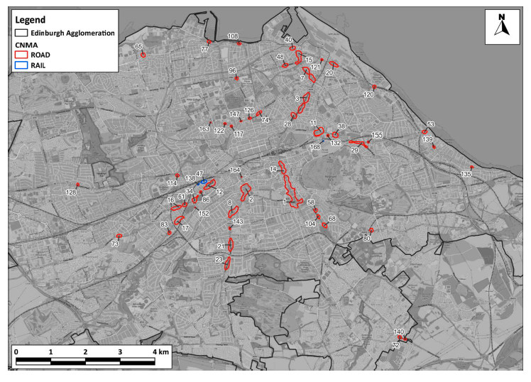 A map of Edinburgh agglomeration, containing 52 road and 3 rail candidate Noise Management Areas