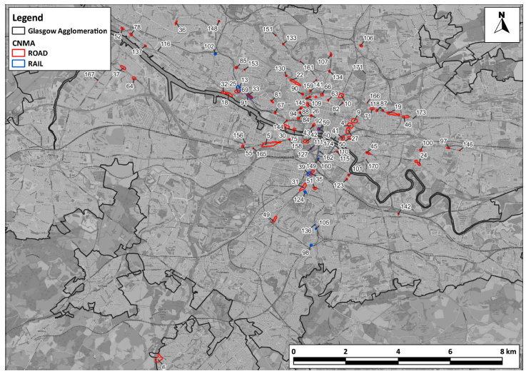 A map of Glasgow agglomeration, containing 83 road and 13 rail candidate Noise Management Areas
