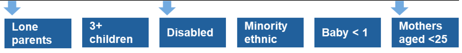 This is an infographic showing that lone parents, families with disabled people, and mothers aged less than 25 are the priority families who will be indirectly targeted in this area of focus.
