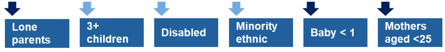 This is an infographic showing that lone parents, families with a baby less than one year old and mothers aged less than 25 are the priority families who will be directly targeted in this area of focus. Families with three or more children, families with disabled people, minority ethnic families will be targeted indirectly.