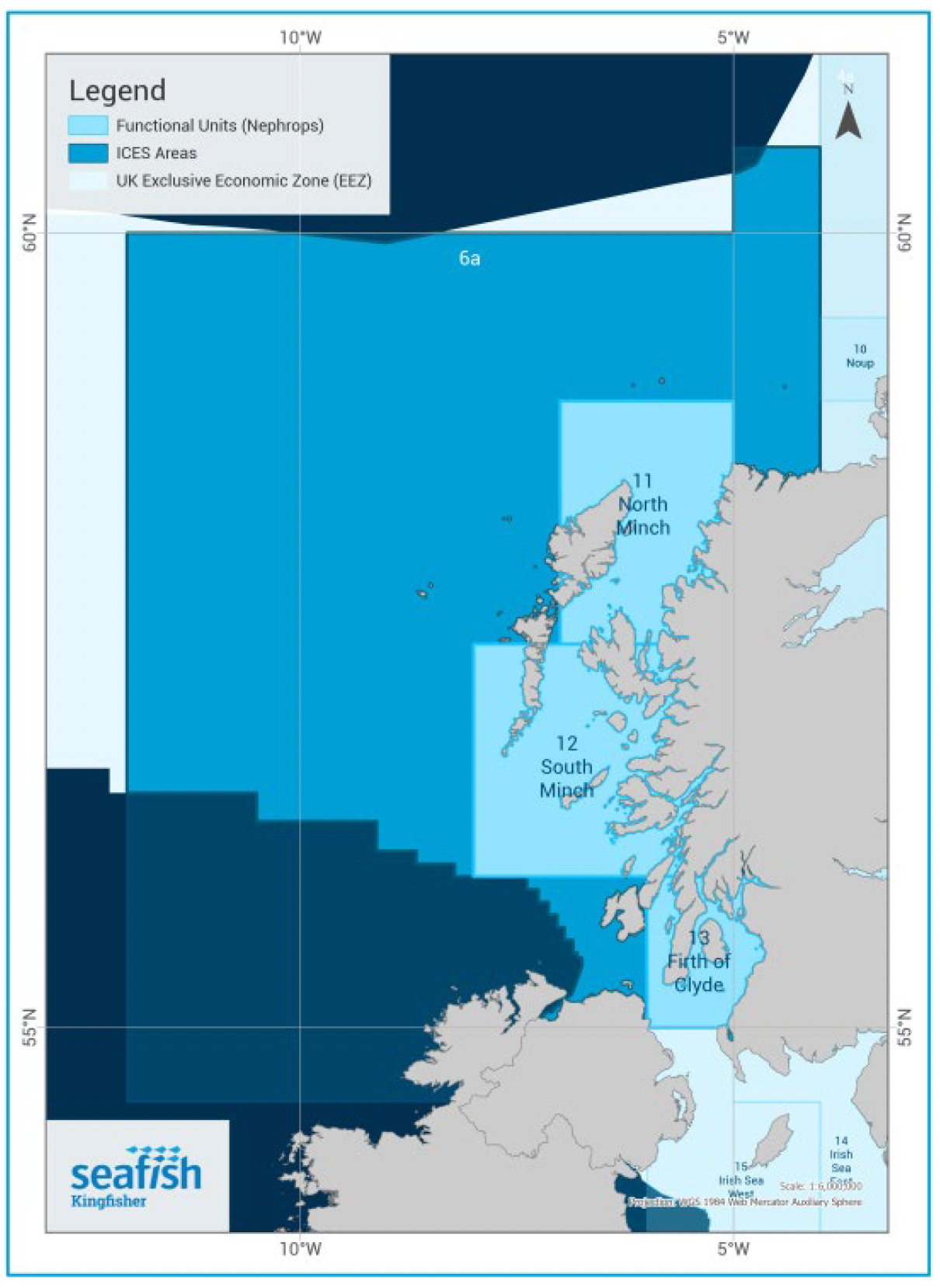 Map of the West Coast of Scotland showing Nephrops norvegicus functional units within ICES Division 6a. The map shows the UK Exclusive Economic Zone, ICES areas, and three functional units: North Minch (Unit 11), South Minch (Unit 12), and Firth of Clyde (Unit 13). Surrounding coastlines of Scotland, Northern Ireland, and Ireland are shown. Light and dark blue shading differentiates functional units and ICES management areas.