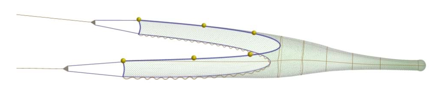 A side‑view technical illustration of a fishing trawl net
