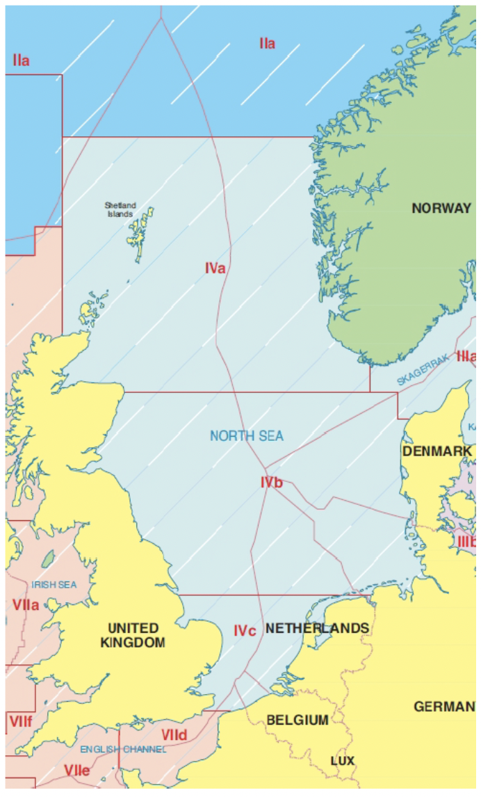 Map of the North Sea region in northwestern Europe showing surrounding countries and marked sea zones.