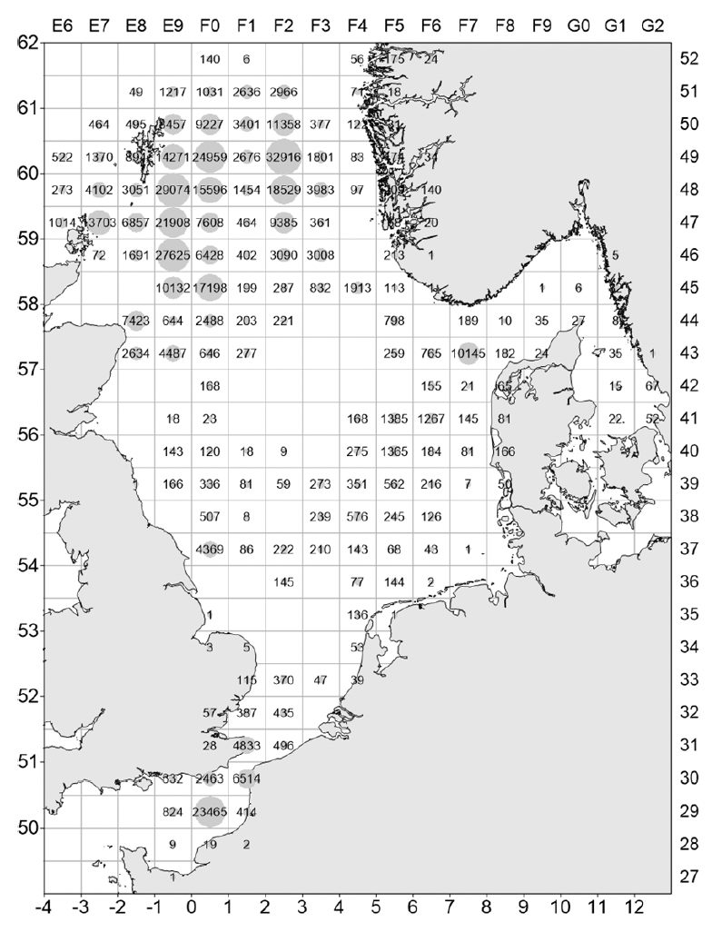 Map titled “Herring catches 2023 all quarters” showing the North Sea and surrounding coasts of the United Kingdom, Norway, Denmark, Germany, and the Netherlands. Each grid square contains a number representing herring catch totals.