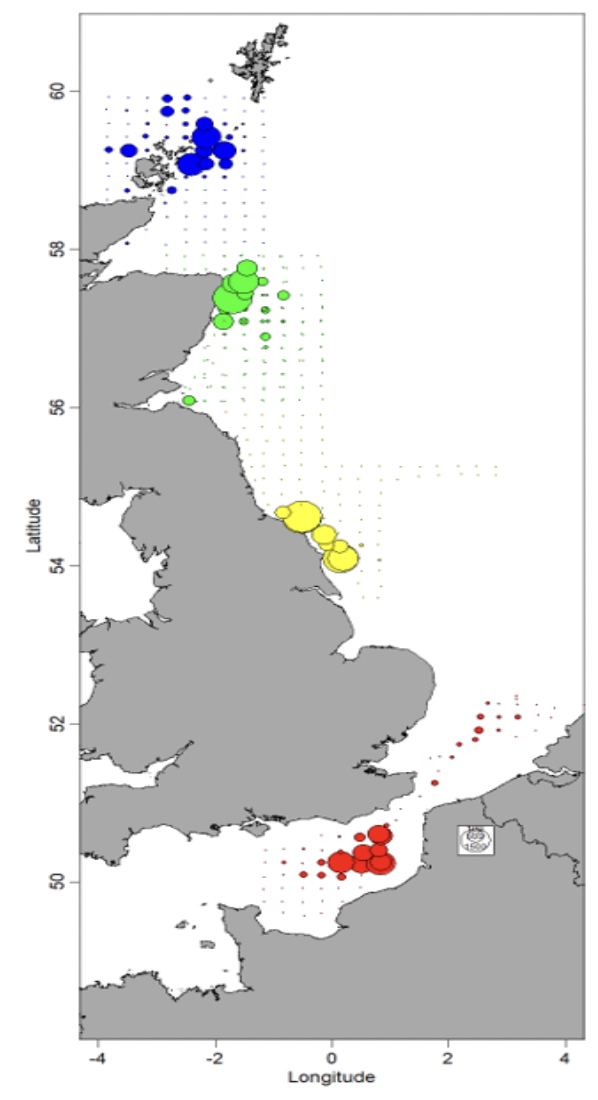 Map of the United Kingdom and surrounding seas showing clusters of coloured circles representing data points. Blue and green clusters appear off northern and eastern Scotland, yellow clusters along eastern England, and red clusters concentrated in the southern North Sea and English Channel.