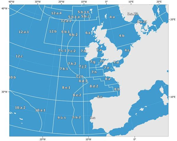 Map of the North-East Atlantic and surrounding European coasts, showing a grid of marine regions labelled with codes such as “4.a,” “7.f,” “8.c,” and “12.a.1.