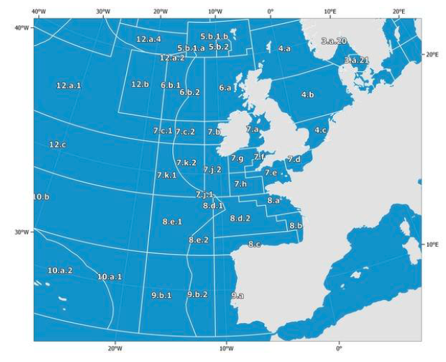 Map of the North-East Atlantic and surrounding European coasts, showing a grid of marine regions labelled with codes such as “4.a,” “7.f,” “8.c,” and “12.a.1.