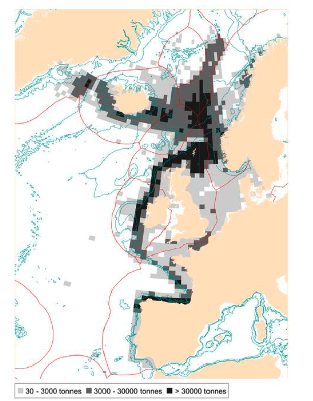 Map of northwestern Europe showing the distribution of quantities in tonnes using shaded grid squares, with darker areas indicating higher concentrations. The highest amounts appear in the North Sea, English Channel, and Irish Sea, with additional clusters along the Atlantic coasts of the UK, France, and Spain.