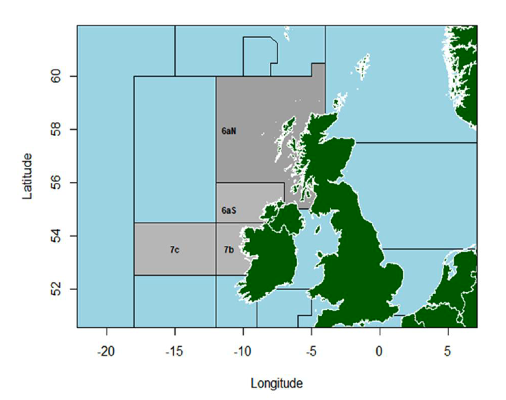 Map of the North Atlantic region focusing on the United Kingdom and Ireland, with surrounding ocean areas shaded light blue and land in dark green.