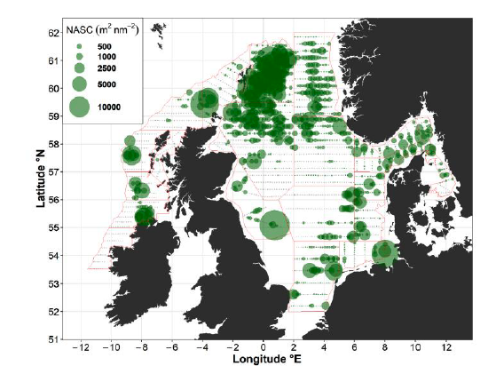 Map of northern Europe showing survey data with green circles of varying sizes indicating NASC values across the North Sea and surrounding waters.