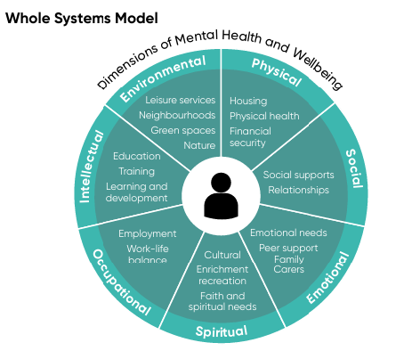 Diagram illustrating Whole Systems Model of mental health and wellbeing. A circle divided into seven coloured segments representing Environmental, Physical, Social, Emotional, Spiritual, Occupational, and Intellectual dimensions. Each segment lists key factors such as leisure services, housing, social supports, emotional needs, cultural enrichment, employment, and education, highlighting comprehensive influences on mental health. Plain Text can be found below. 