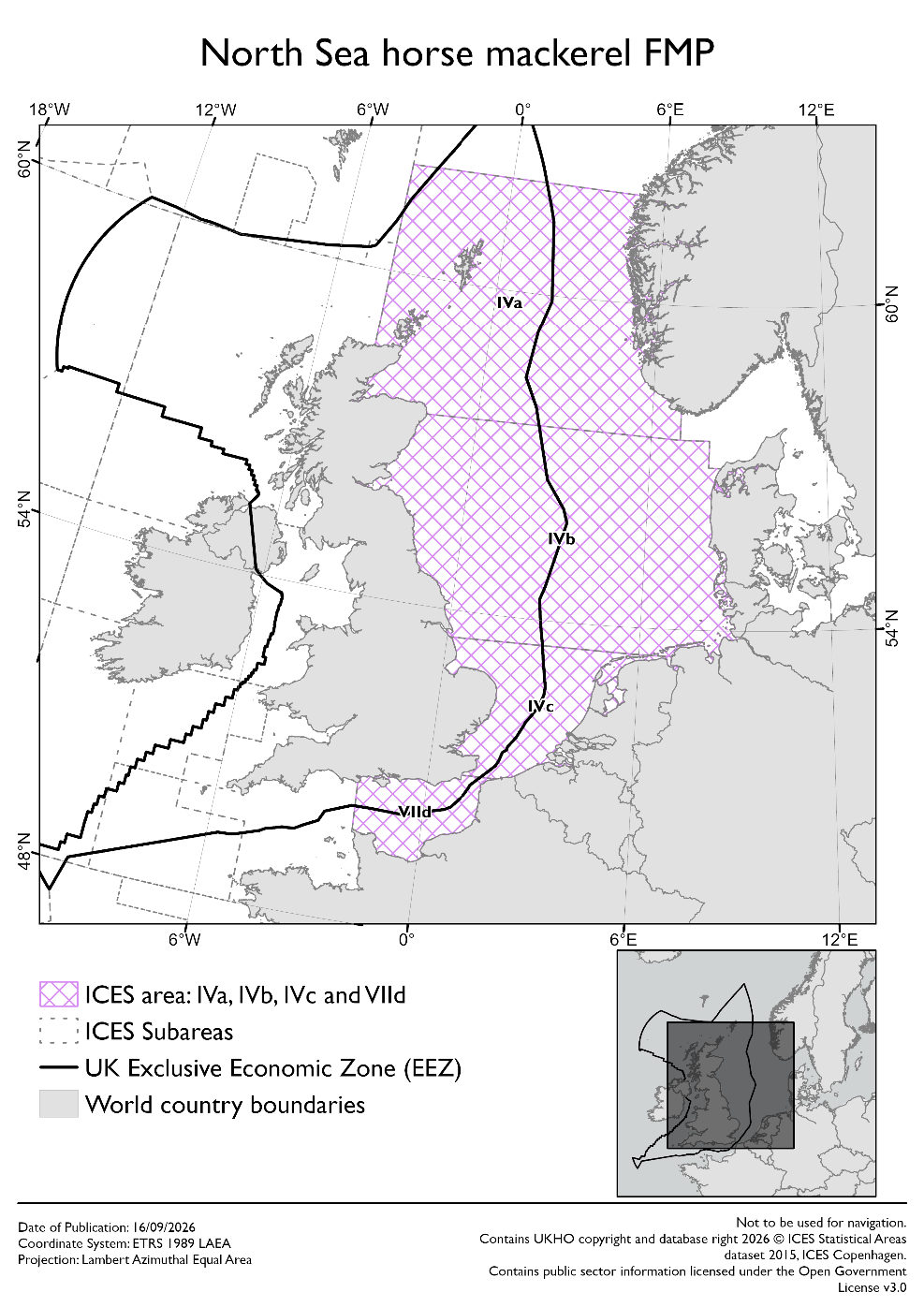 Map of the North Sea horse mackerel FMP area, highlighted in purple across the North Sea and eastern English Channel, with UK EEZ boundaries and ICES divisions marked.