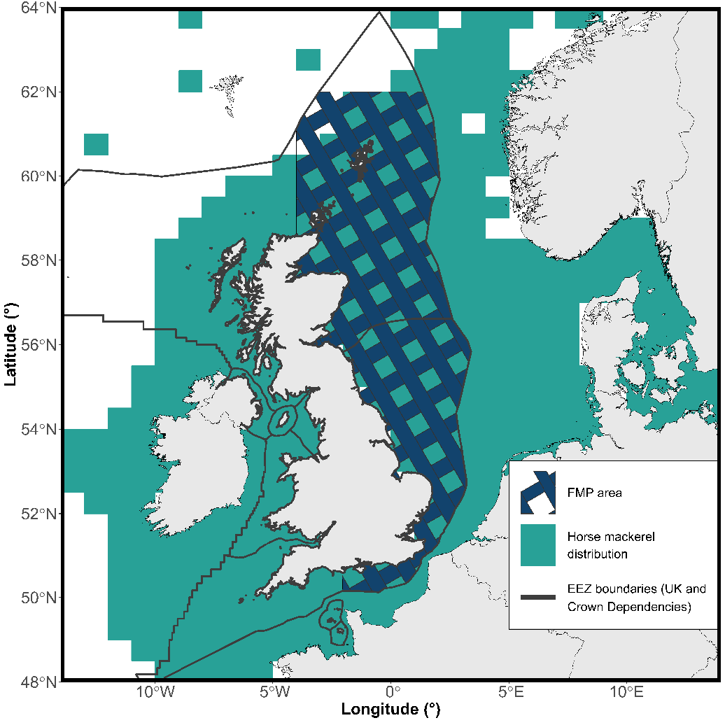 Map showing the overlap between horse mackerel distribution (turquoise) and a north-south FMP management area (dark blue hatched band) along the eastern UK and North Sea region.