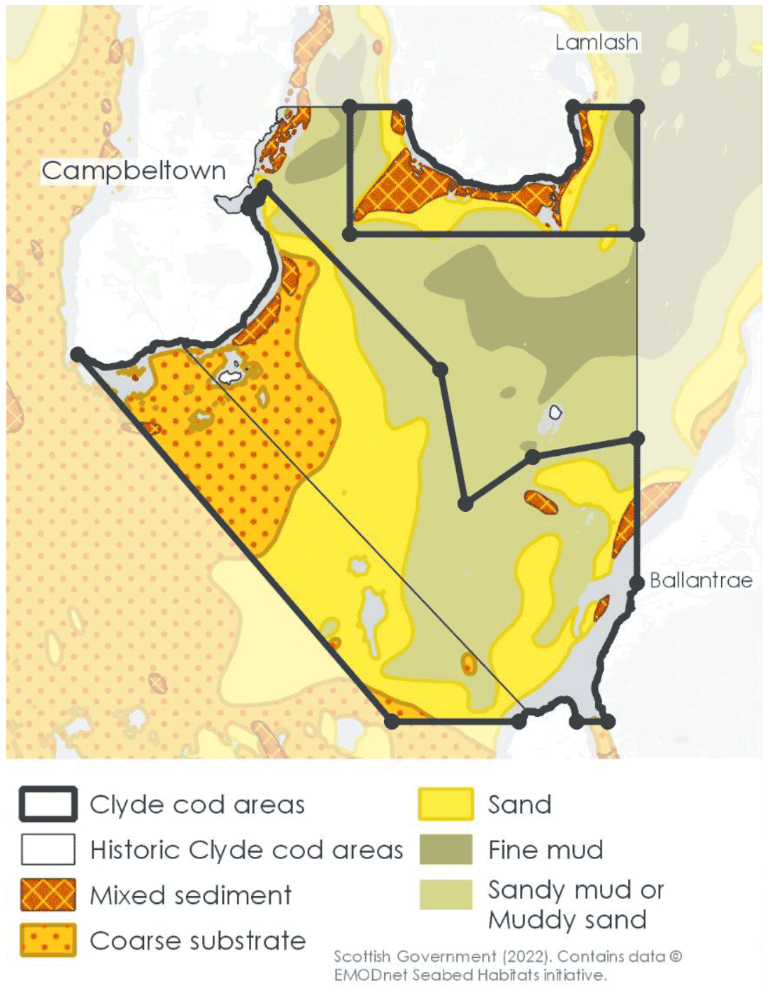 sediment distribution in the Clyde, overlaid with the historic closure area and the smaller, more focused 2022-2023 closure area. The 2022-23 closure area principally covers the following sediment types: mixed sediment, coarse substrate, sand and sandy mud/muddy sand.